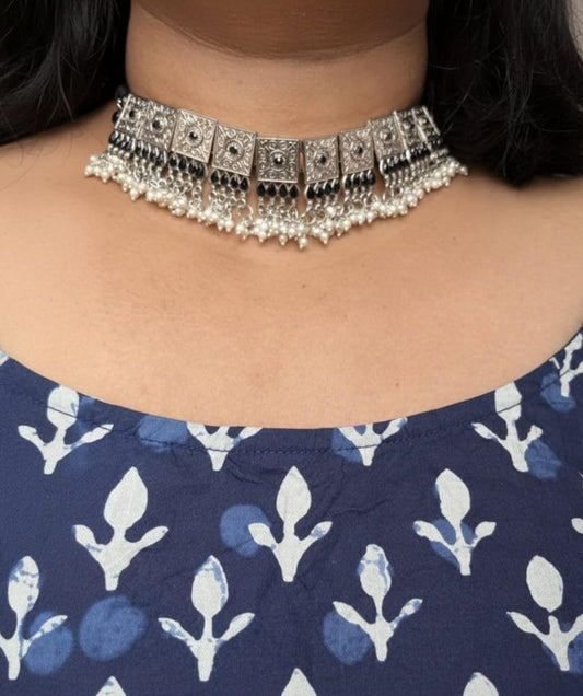 Handpicked Oxidised Pearl Choker Necklace Set