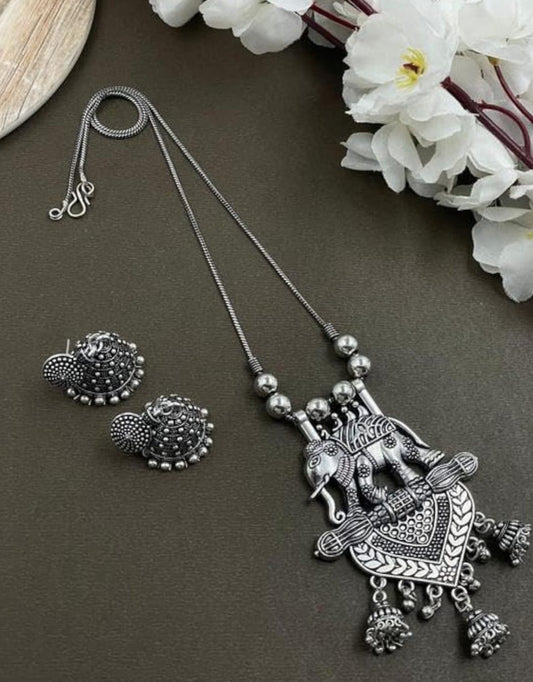 Oxidised Elephant Motif Necklace Set with Jhumkas