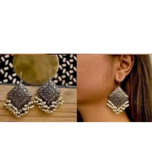 Oxidised Square Pearl Jhumka Earrings