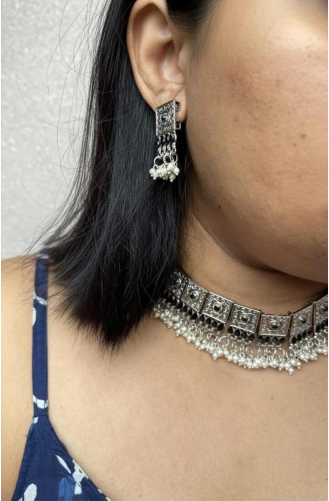 Handpicked Oxidised Pearl Choker Necklace Set