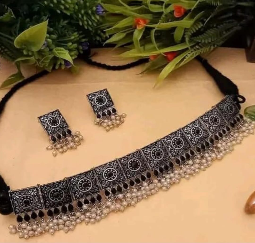 Handpicked Oxidised Pearl Choker Necklace Set