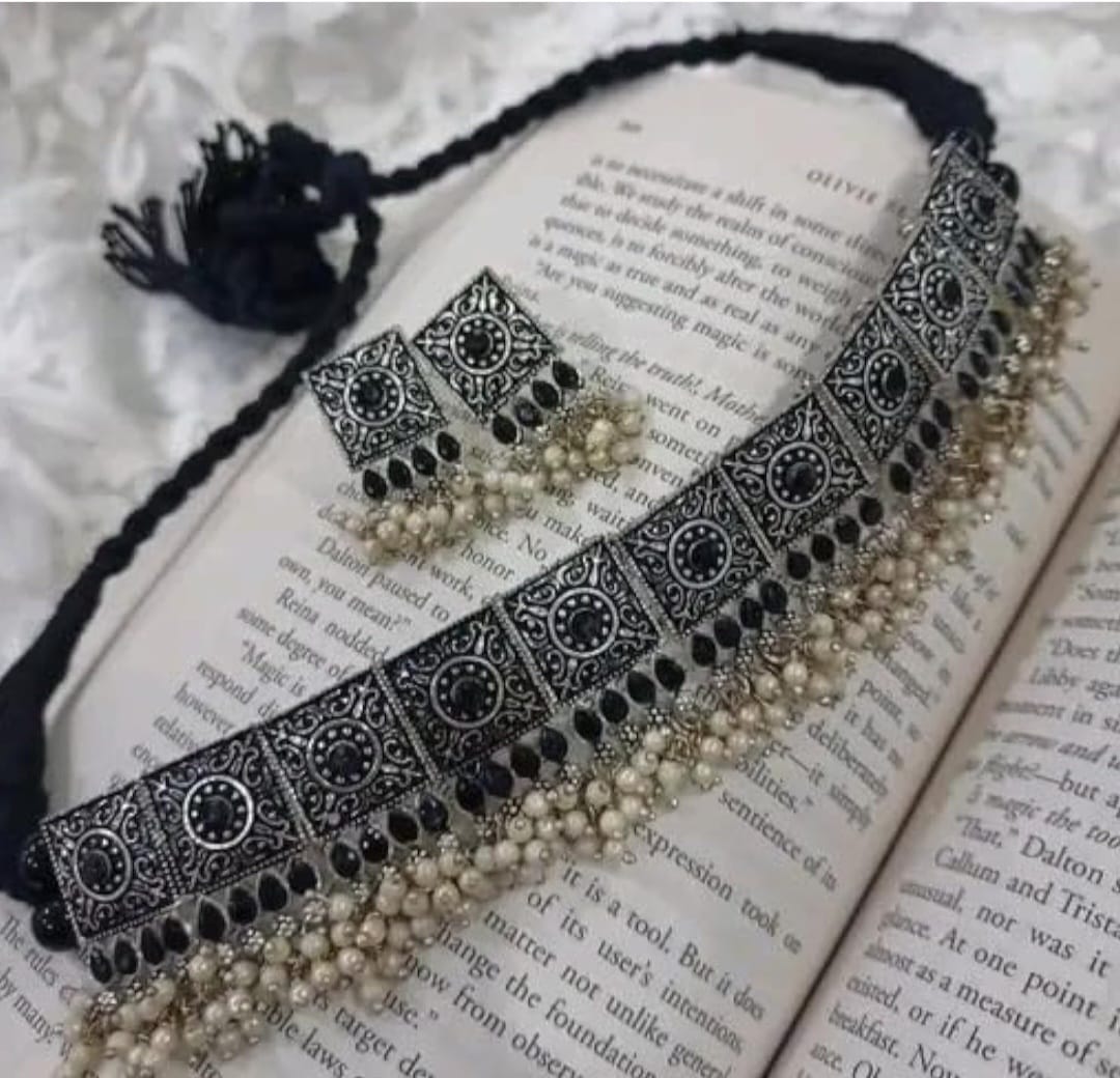 Handpicked Oxidised Pearl Choker Necklace Set