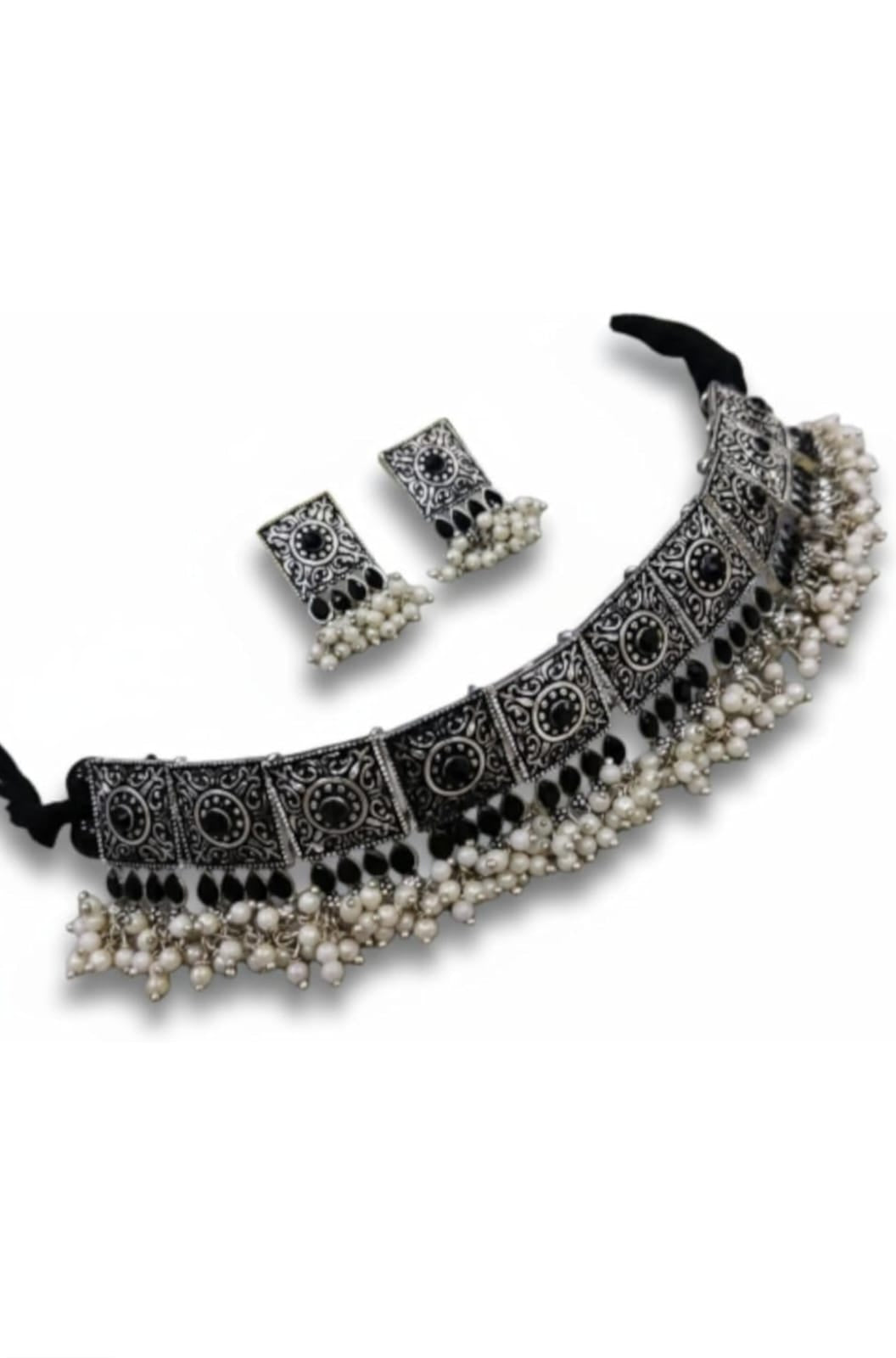 Handpicked Oxidised Pearl Choker Necklace Set