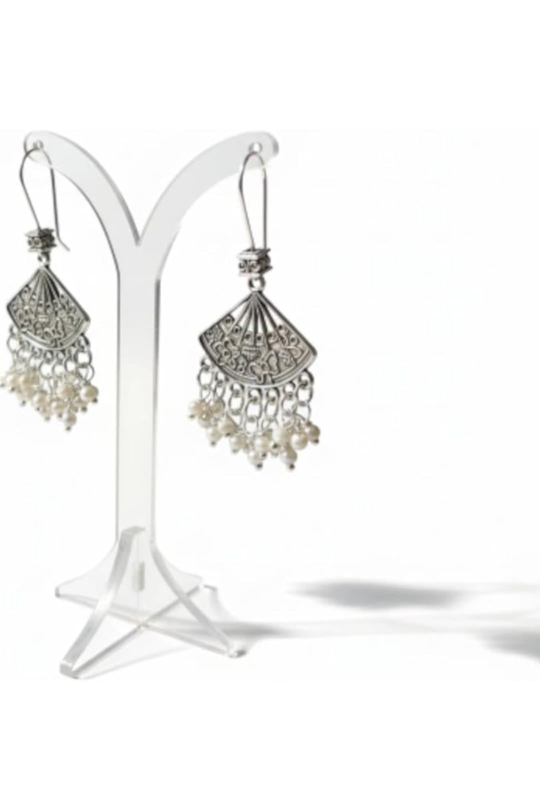 Oxidised Pearl Fan Earrings – Lightweight Daily Wear