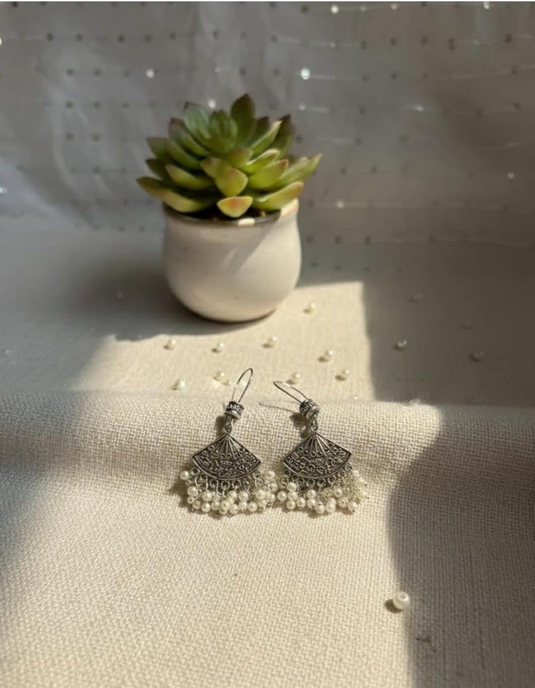 Oxidised Pearl Fan Earrings – Lightweight Daily Wear
