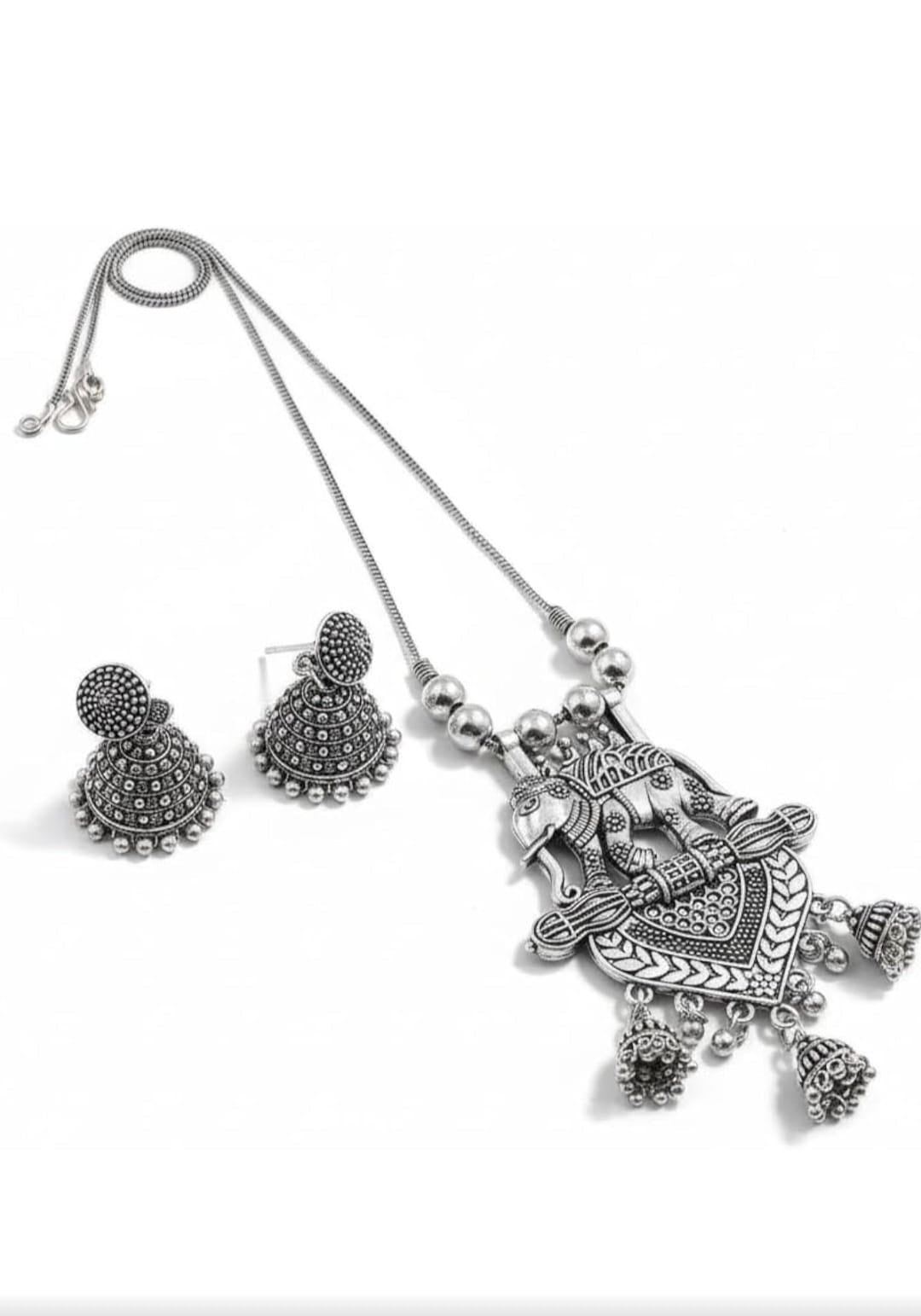 Oxidised Elephant Motif Necklace Set with Jhumkas