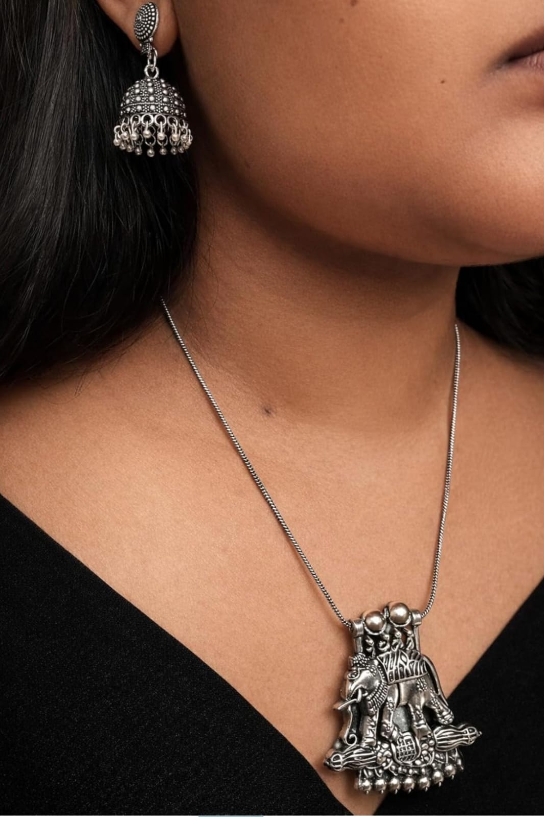 Oxidised Elephant Motif Necklace Set with Jhumkas