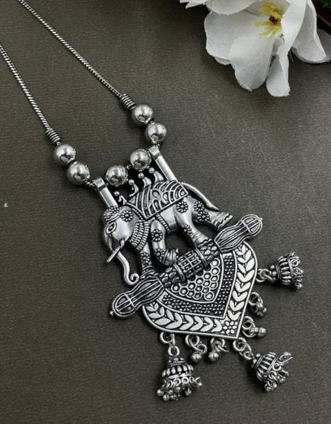 Oxidised Elephant Motif Necklace Set with Jhumkas