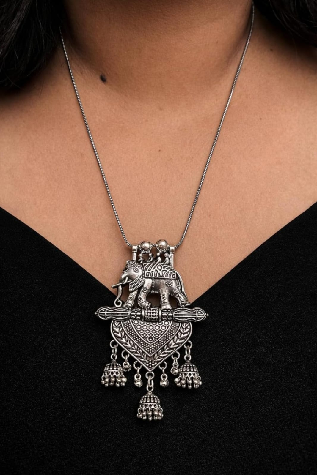 Oxidised Elephant Motif Necklace Set with Jhumkas