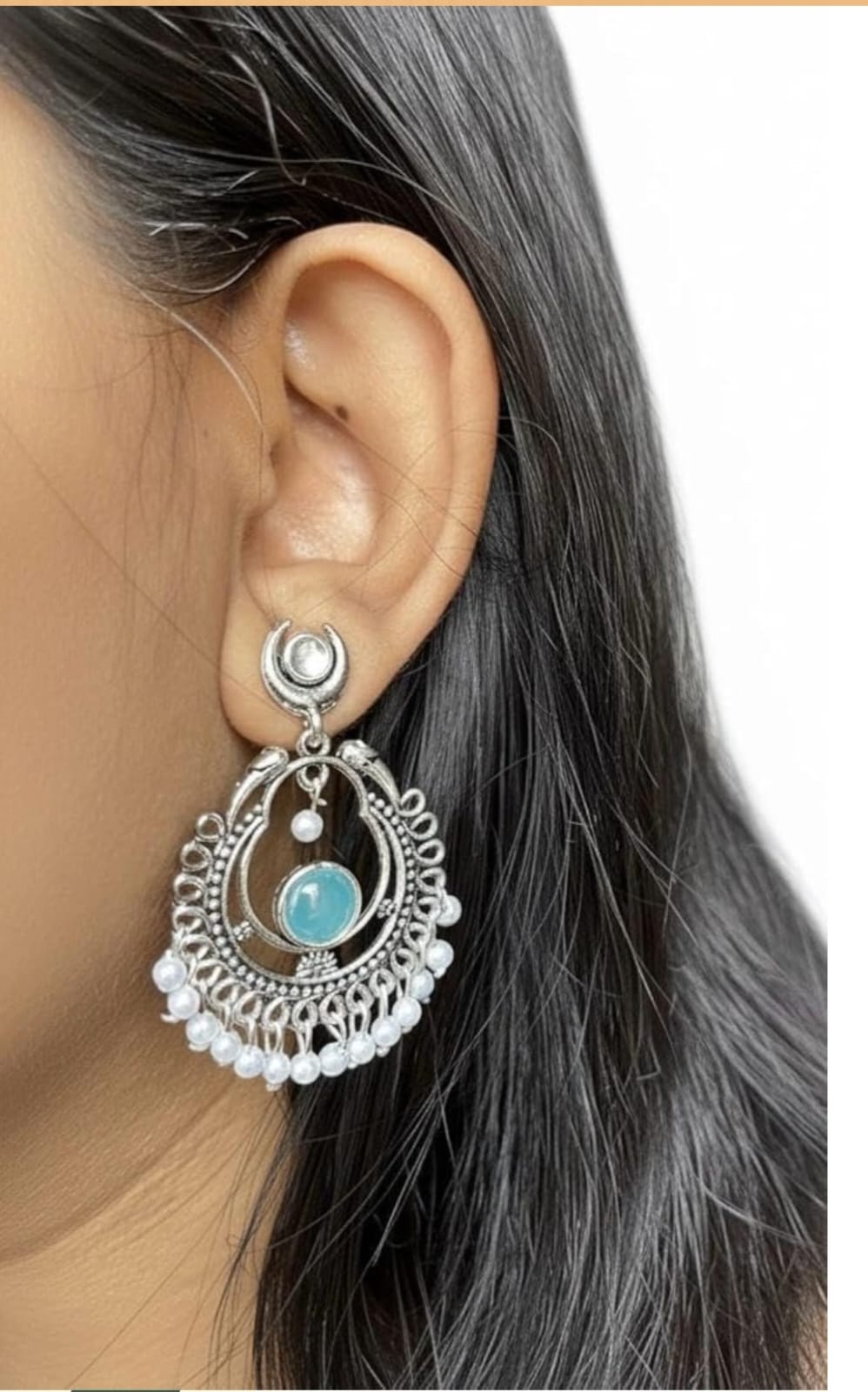 Oxidised Silver Turquoise Drop Earrings with Pearl Detailing