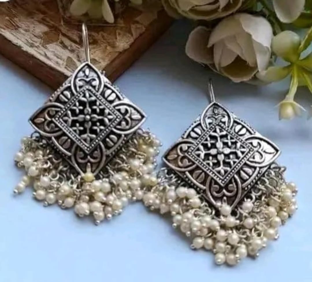 Oxidised Square Pearl Jhumka Earrings