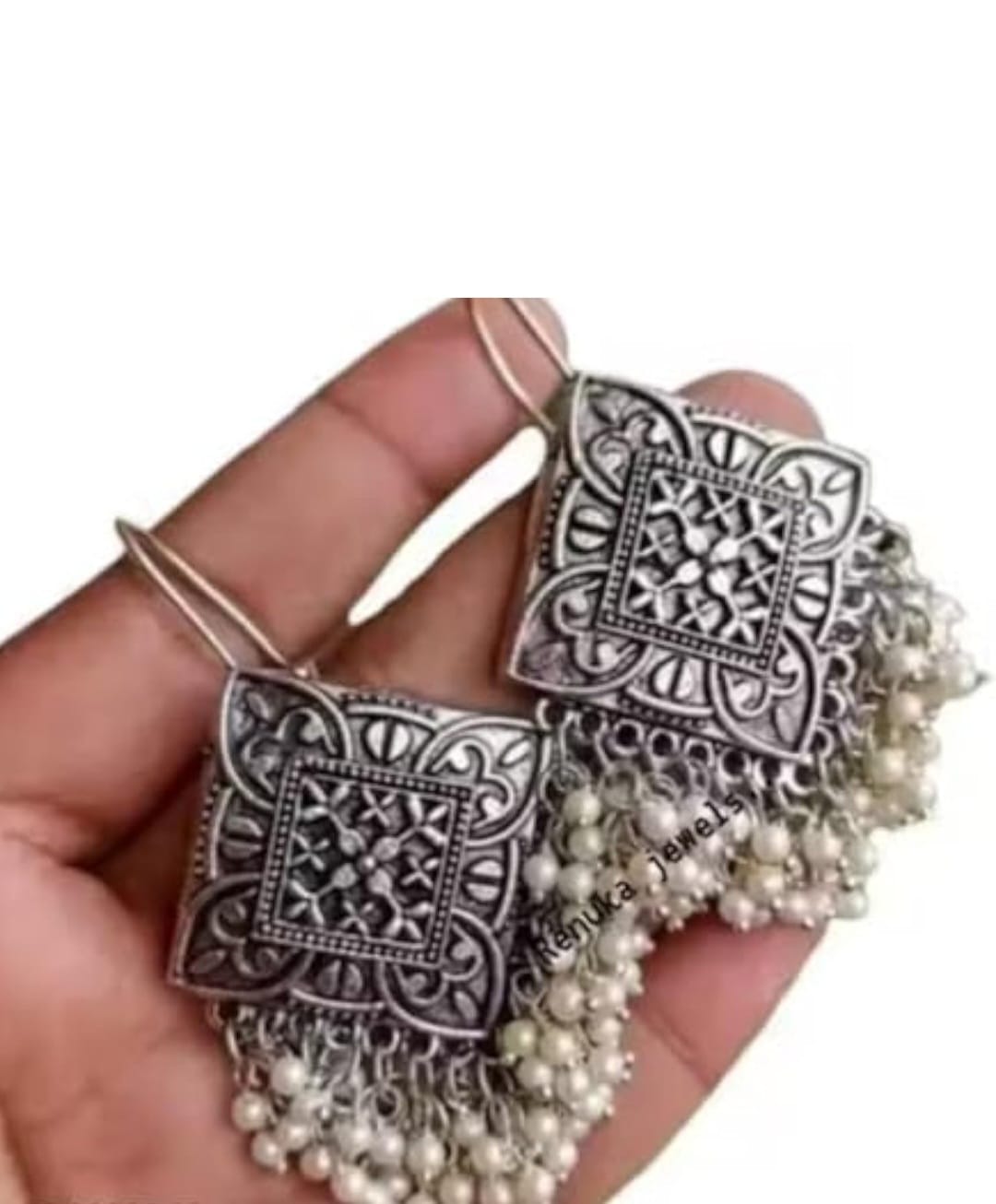 Oxidised Square Pearl Jhumka Earrings