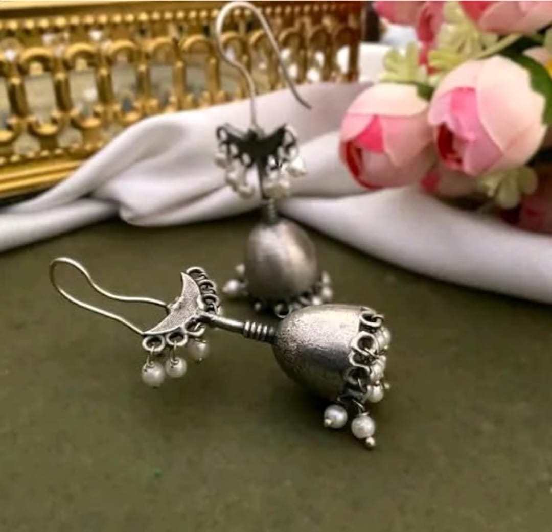 Oxidised Pearl Drop Jhumka Earrings