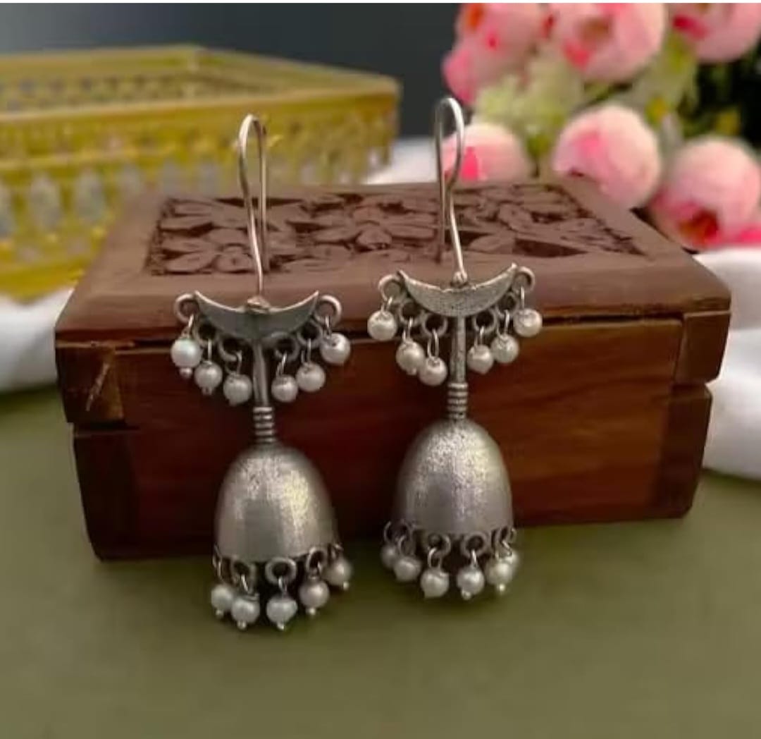 Oxidised Pearl Drop Jhumka Earrings