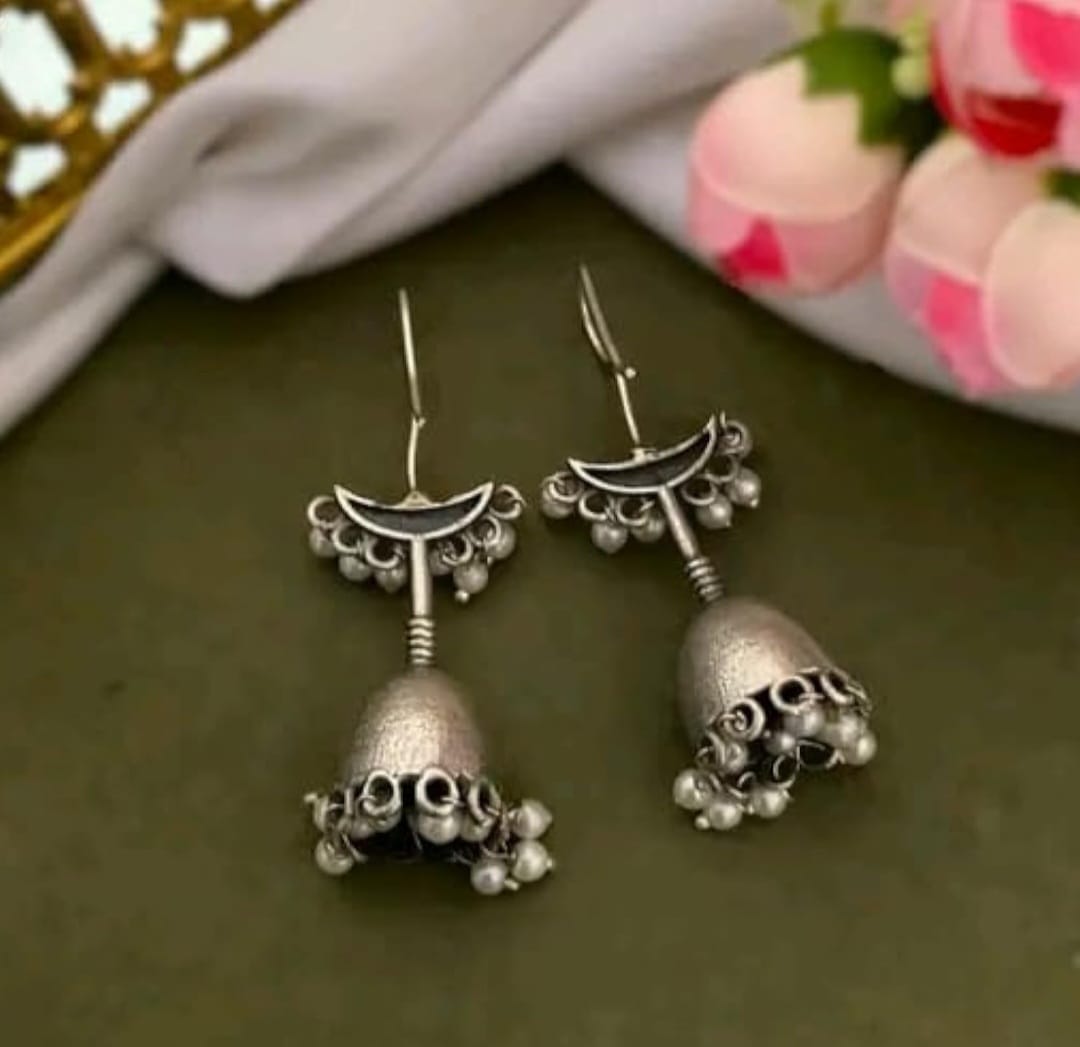 Oxidised Pearl Drop Jhumka Earrings