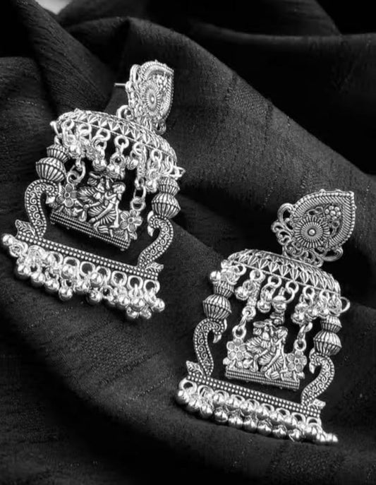 Oxidised Temple Motif Jhumka Earrings