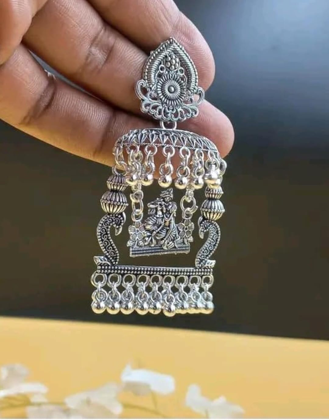 Oxidised Temple Motif Jhumka Earrings