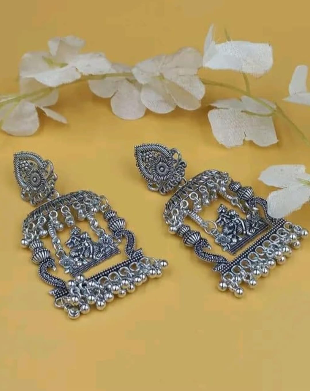 Oxidised Temple Motif Jhumka Earrings