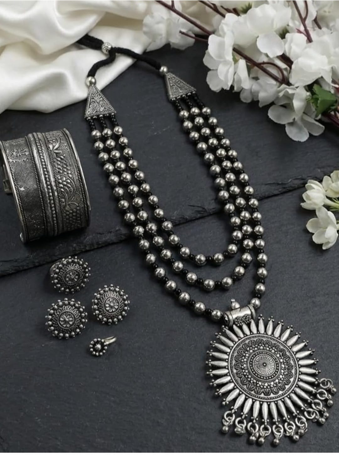 Oxidised Silver Layered Statement Necklace Set with Sun Pendant
