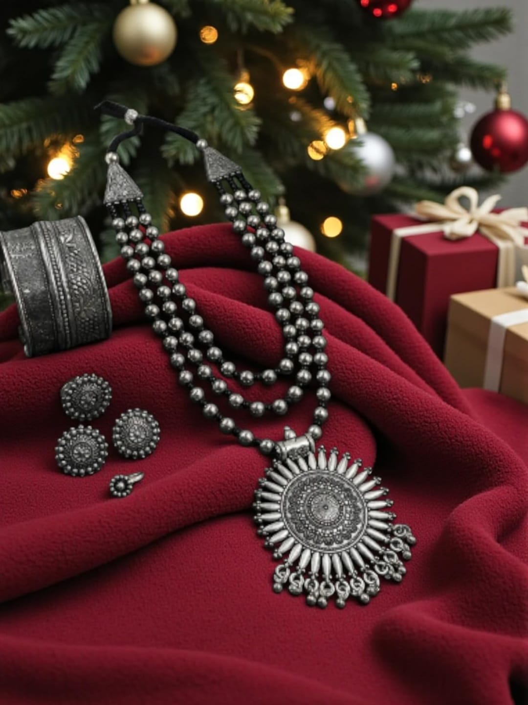 Oxidised Silver Layered Statement Necklace Set with Sun Pendant