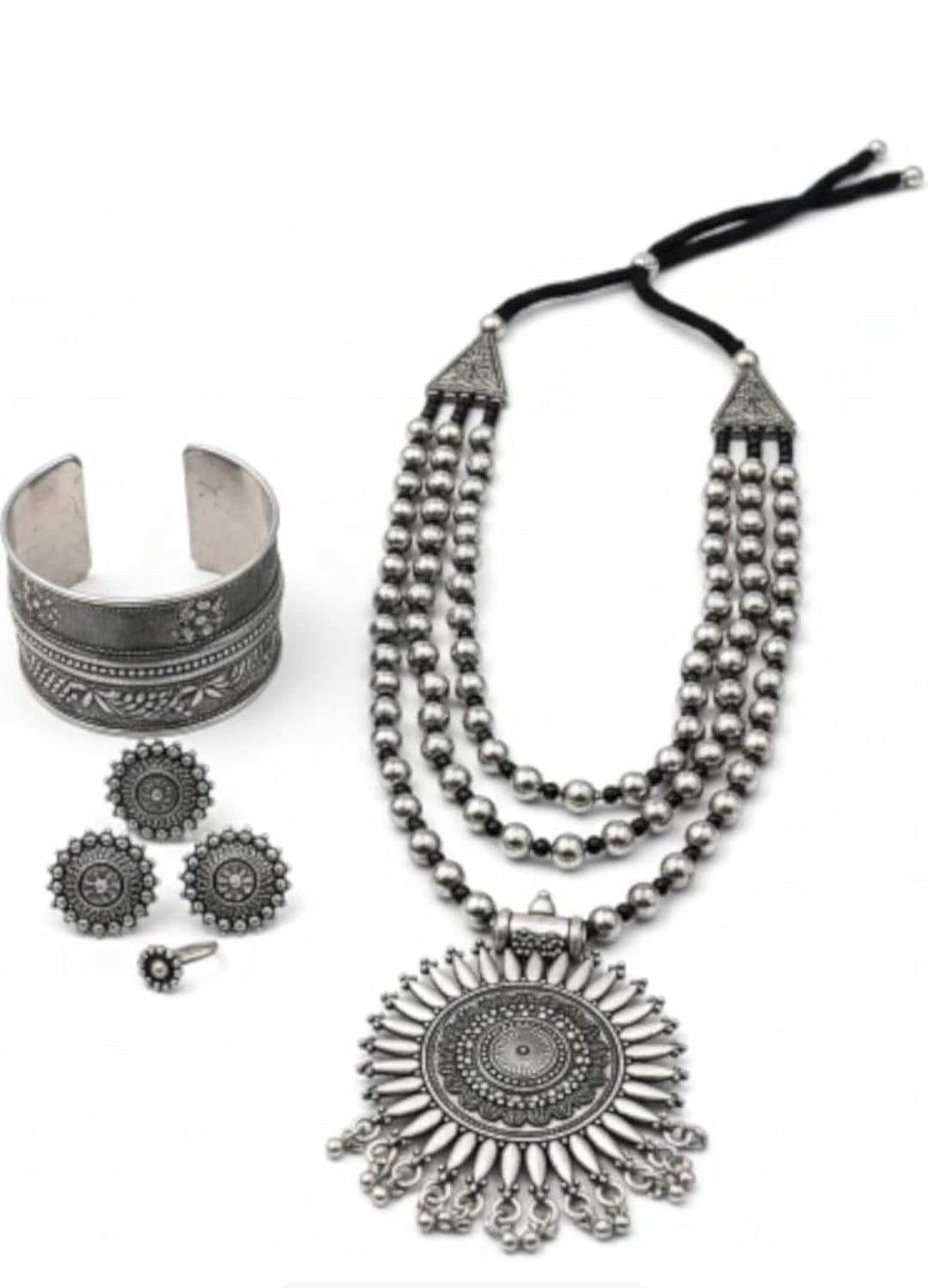 Oxidised Silver Layered Statement Necklace Set with Sun Pendant