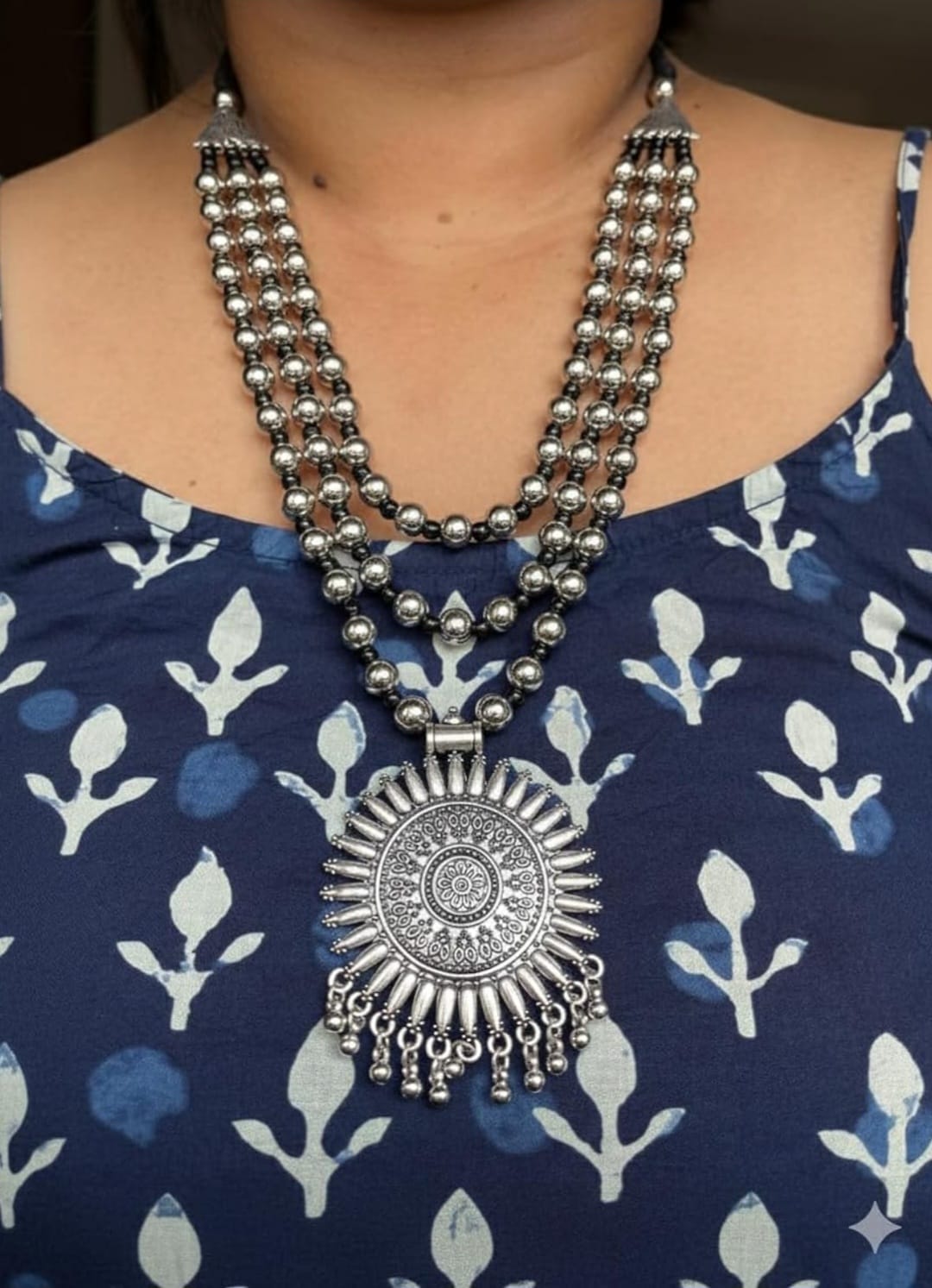 Oxidised Silver Layered Statement Necklace Set with Sun Pendant