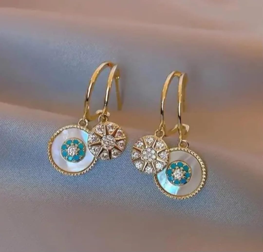 Gold Plated Turquoise Charm Earrings – Minimal Korean Style