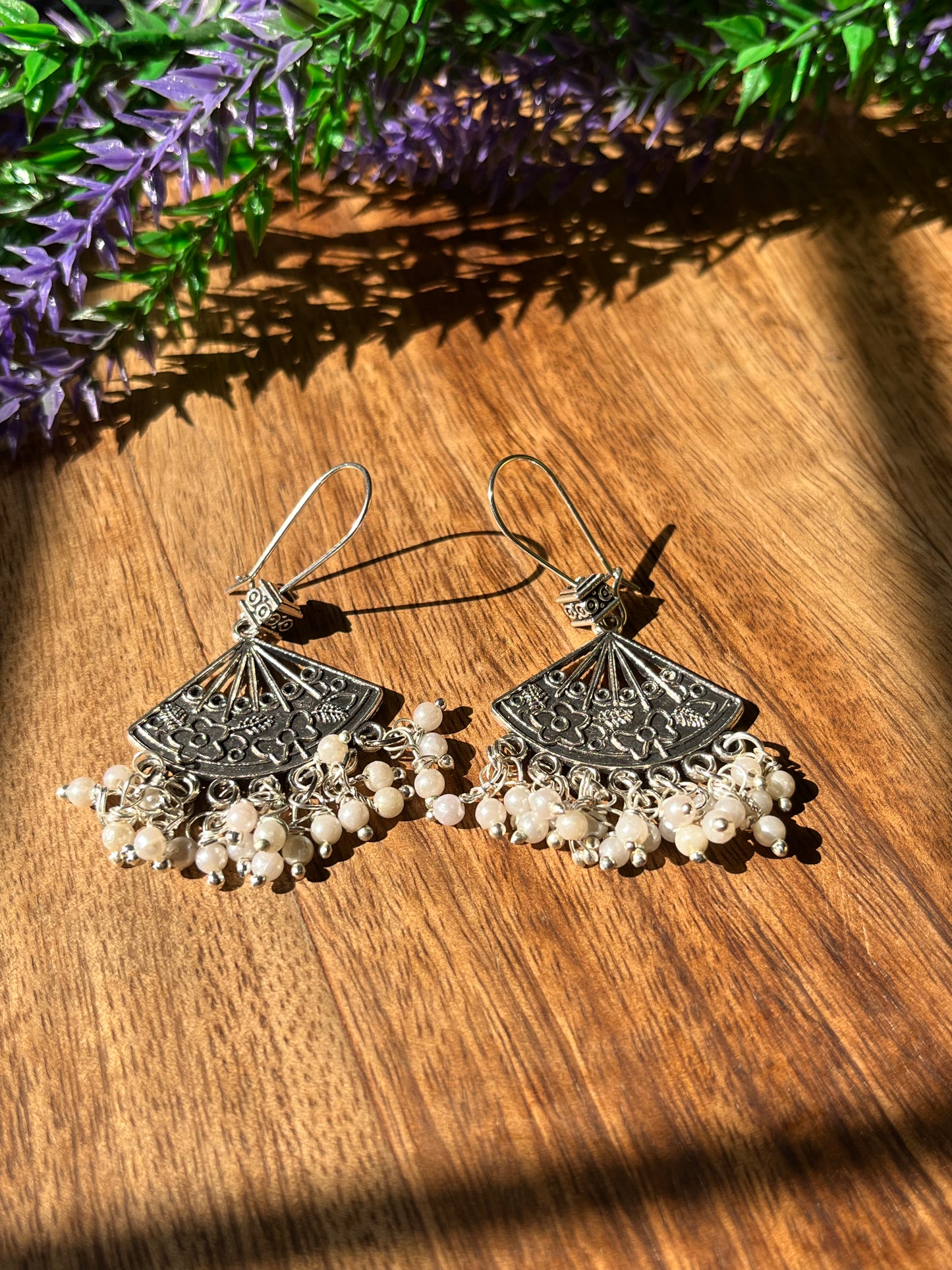Oxidised Pearl Fan Earrings – Lightweight Daily Wear