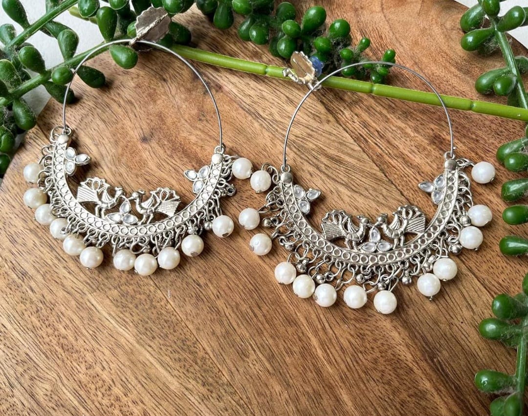 Oxidised Pearl Chandbali Hoop Earrings – Statement Traditional Earrings